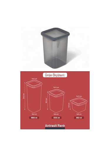 İronika 12'li Sızdırmaz Silikon Kapaklı Etiketli Jumbo Boy 1900 Ml Kare Erzak Bakliyat Saklama Kabı Antrasit Antrasit