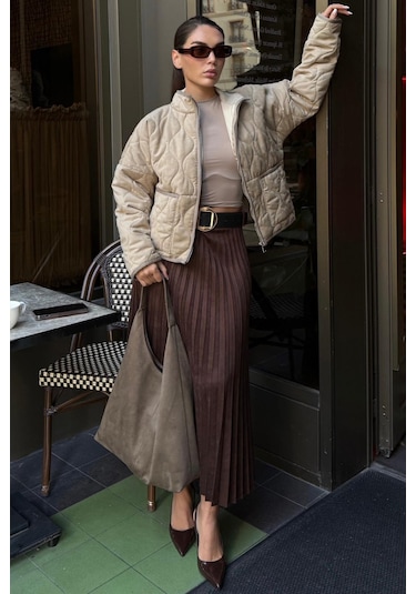 Bej Dik Yaka Kapitone Kadın Mont Mg2568 Bej