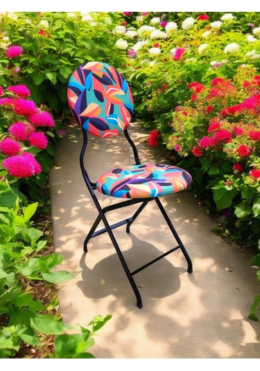 Katlanabilir Renkli Yaprak Desenli Metal Sandalye Siyah