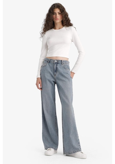 Defacto Straight Wide Yüksek Bel Uzun Jean Yıkamalı Pantolon E9126ax25aunm28 Mavi