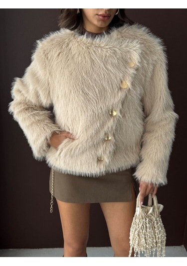 Kadın Vintage Peluş Tüylü Crop Ceket Altın Düğmeli Bisiklet Yaka Kışlık Şık Ceket Taş