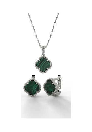 Erdobia 925 Ayar Yeşil Kaplangözü Taşlı Rodyum Yonca Kolye Küpe 2'li Gümüş Set-takım