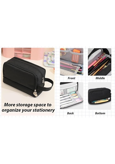 Mufunye 7 Bölmeli Geniş Kapasiteli Kanvas Kalem Çantası - Okul Ofis Stoklarını Düzenleyen Taşınabilir Çantam Siyah Siyah