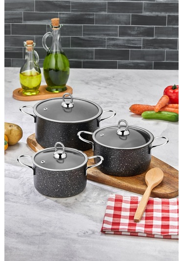 Polochef Hilal Granit 3'lü Mini Tencere Seti 12-14-16 Cm Kapaklı Siyah Siyah