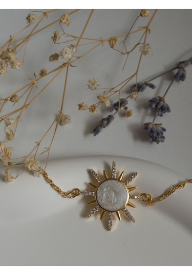 Handmade Pirinç Üzeri Altın Kaplama Güneş Beyaz Bileklik - Sunrise - White Sevgiliye Hediye