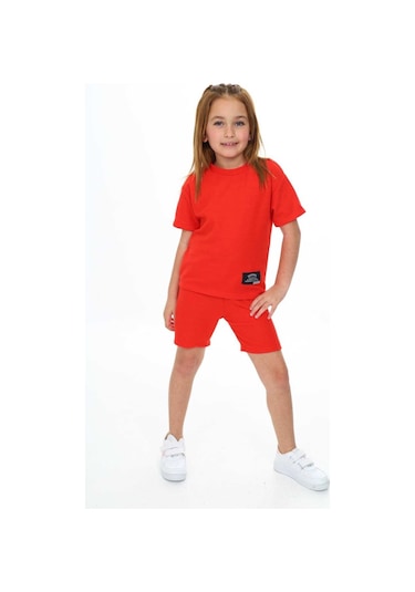 Bisiklet Yaka Şortlu Kız Çocuk Şortlu Takım Neon Turuncu