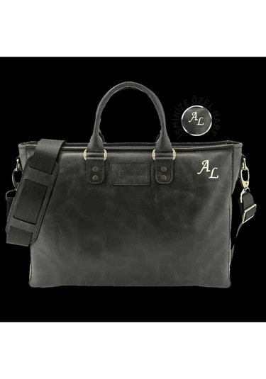 İsme Özel Günlük Kullanım El Omuz Evrak Laptop Çantası - %100 Deri - Ac09004 - Antrasit-128203 Siyah