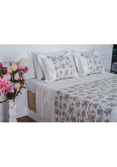 Finezza Gülfem Çiçek Baskılı Turkuaz Çift Kişilik Yatak Örtüsü 6 Parça-1462 Turkuaz