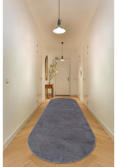 Comfort Ponpon Saçaklı Peluş Halı Antrasit Antrasit Overloklu Oval