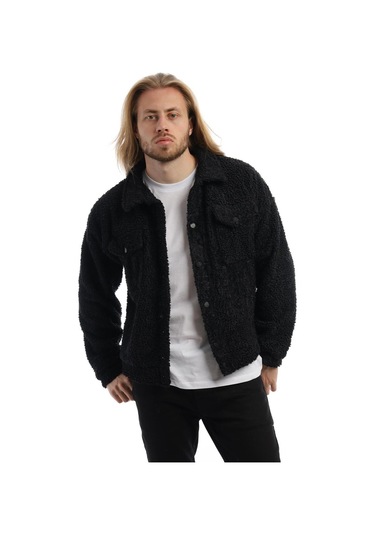 Erkek Kıvırçık Peluş Cıt Cıt Kapamalı Ceket Siyah
