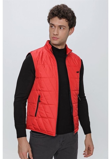 Açık Kırmızı Dik Yaka Kapitone Casual Şişme Yelek 1009225153-Açık Kırmızı