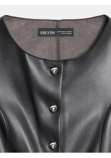 Dilvin 60602 Metal Düğmeli Suni Deri Yelek-siyah Siyah