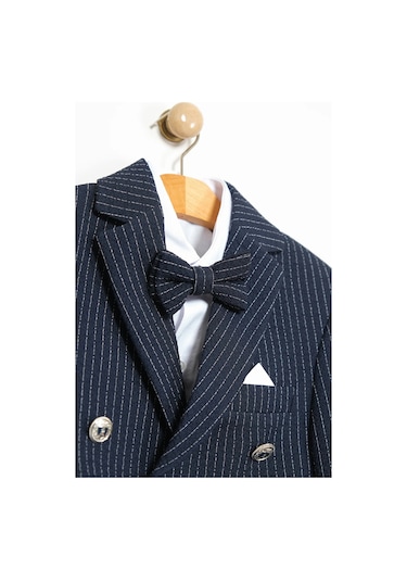 Erkek Çocuk Çizgili Ceket Gömlek Pantolon Papyonlu Takım Elbise Te.1001y Lacivert