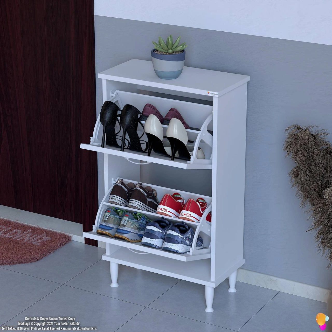 Asaf Beyaz Renk 52 Cm Kapı Önü Ayakkabılık 2 Düşer Kapak 4 Göz Bölmeli Ayakkabılık 52x90x25,5 Cm Beyaz