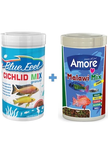 Cichlid Mix 1000ml + Amore Malawi Mix 1000ml Kutu Balık Yemi