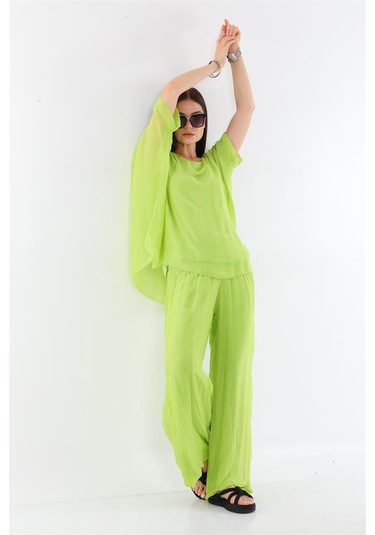 İtalyan Yarasa Kol İpek Bluz-8869 Fıstık Yeşili