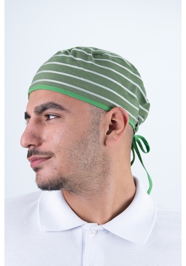 Chef Bone Kep Aşçı Şef Şapkası Çizgi Desenli Haki Çok Renkli