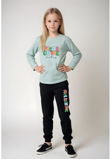 Fyk Kids Kız Çocuk Yazı Baskılı Bel Detayı Lasti Kli Alt-üst Pi Jama Takımı Mint Yeşil Mint Yeşili