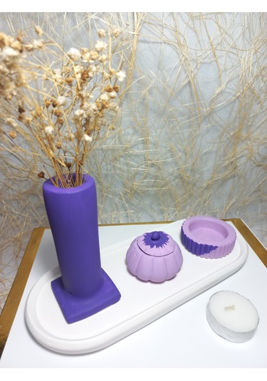 Tabaklı Sütun Vazolu, Minimal Mumluk Ve Balkabağı 4 Parça Set Beyaz Mor