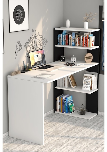 Moonlife Çınar Kitaplıklı Çalışma Masası Beyaz Siyah Beyaz