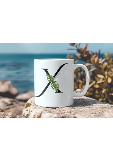 X Harf Zarif Yaprak Desenli Kupa Bardak - Naturel Sade Alfabe Harfli Bardak - Kişiye Özel Hediye Beyaz