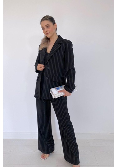 Siyah Çizgili Ceket - Yelek Ve Pantolon Takım Siyah