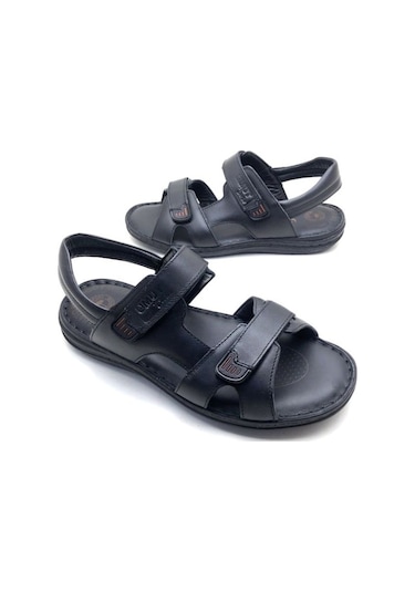 Erkek Hakiki Deri Ortopedik Sandalet Siyah