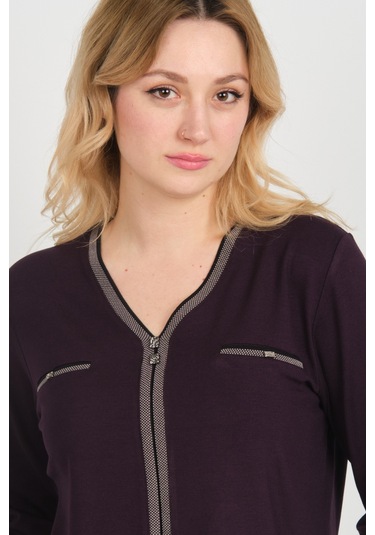 Detay Triko Kadın Süs Cepli Toka Detaylı Uzun Kol Anne Bluz 5717 Mürdüm Mürdüm