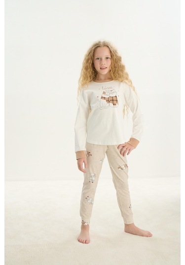Kız Çocuk Uzun Kol Ekru Pijama Takım C2t4n7o8 001