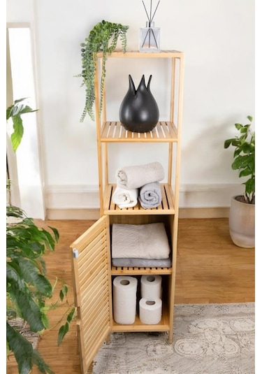 Digithome Bambu Tek Kapaklı 3 Raflı Çok Amaçlı Banyo Düzenleyici Organizer Dik Dolap Jwbw-5049