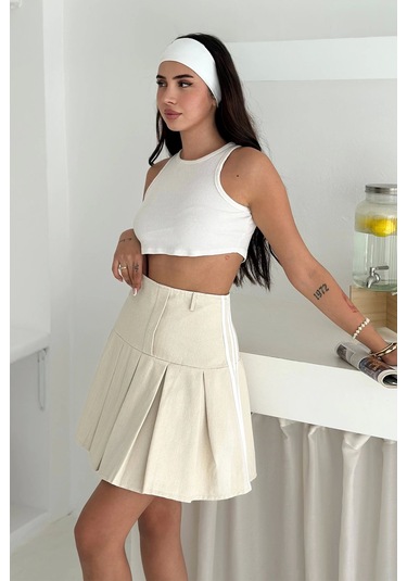 Piliseli Gizli Fermuar Detaylı Etek Krem