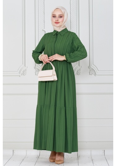 Gömlek Yaka Beli Tünelli Sare Elbise-yeşil-4075-yeşil Yeşil