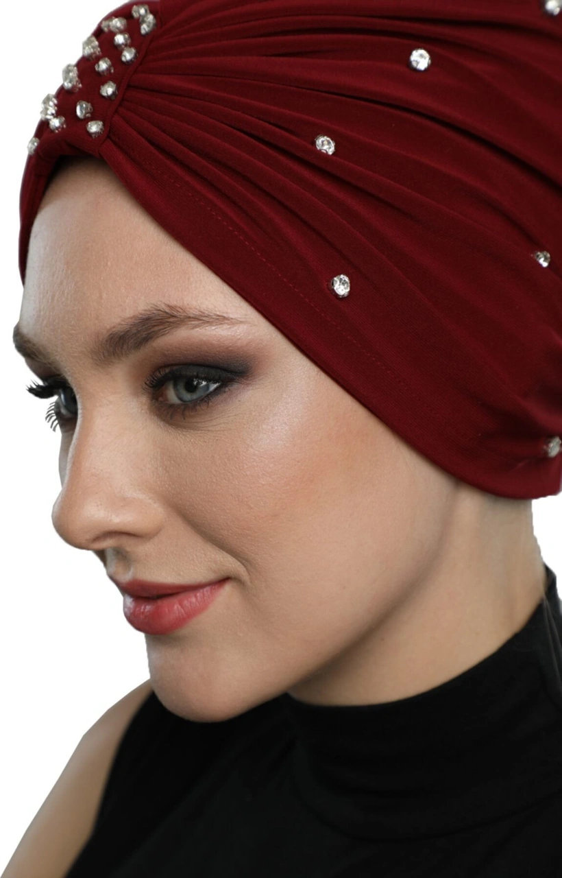 Zeni Taşlı Astarlı El Işi İşleme Bordo Hazır Türban Tesettür Abiye Bone Bordo