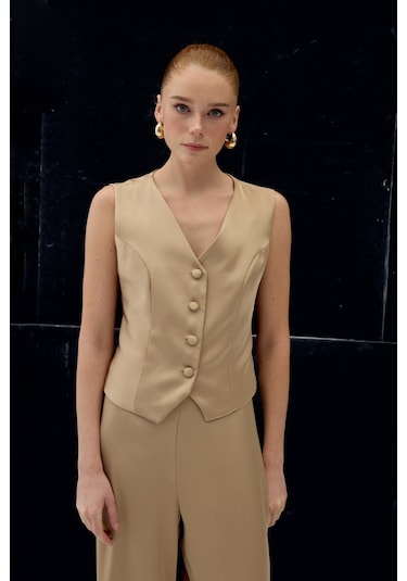 Sateen Klasik Düz Yelek - Camel-137031 CAMEL