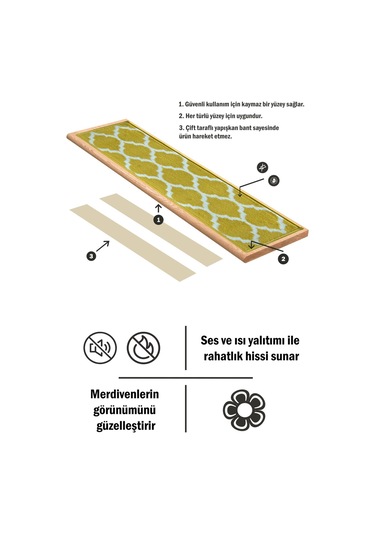 Dikdörtgen Dokuma Merdiven Halısı Kendinden Yapışkanlı Sarı Beyaz