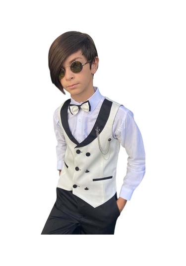 Riccotarz Erkek Çocuk Şal Yaka Düğme Detaylı Beyaz Cepken Yelek Gabardin Gömlek Takım Elbise Beyaz