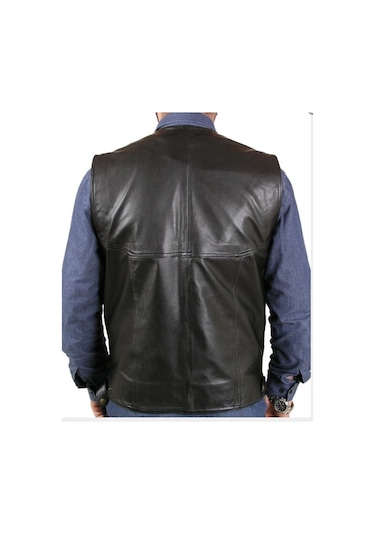 Hakiki Deri Siyah Calvin Düğmeli Erkek Deri Yelek Kahverengi