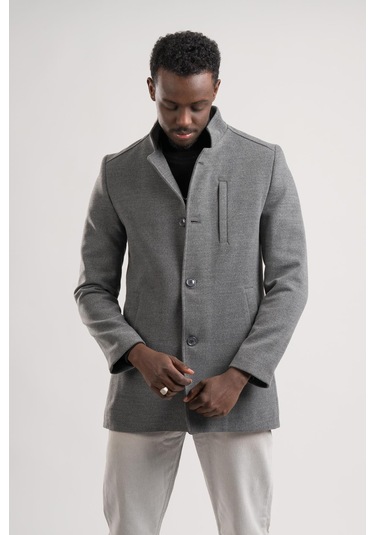 Slimfit Hakim Yaka Düğme Kapamalı Yan Cepli Astarlı Tek Yırtmaçlı Yünlü Kaşe Kaban Gri