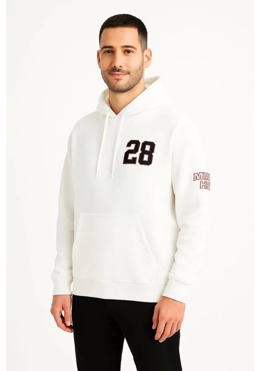 Üç İplik Kapüşonlu Ön Ve Arka Baskılı Sweatshirt Hoodie - Beyaz Beyaz