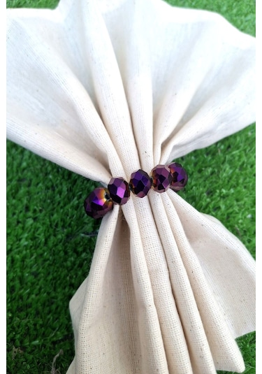 6 Adet Mor Kristal Top Boncuklu Peçete Yüzüğü - Peçete Halkası Mor