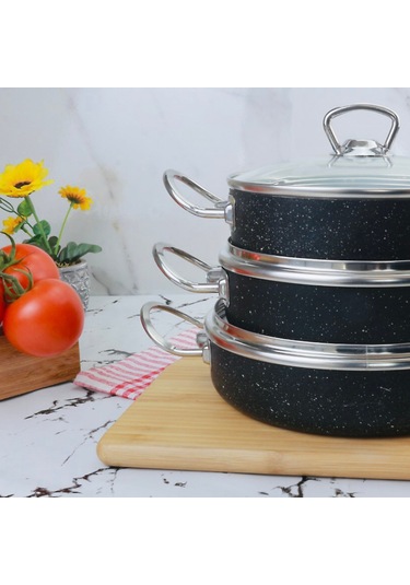 Meşeler Granit Omlet Sahan Seti 3 Lü Siyah - İnox 18  x 20 x 22 CM