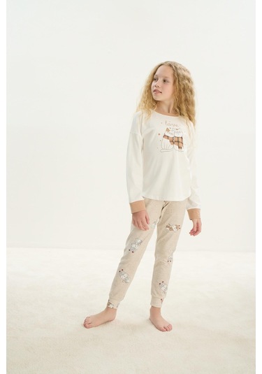 Kız Çocuk Uzun Kol Ekru Pijama Takım C2t4n7o8 001