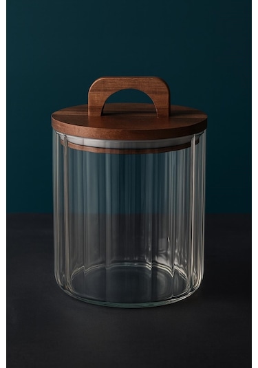 Qerhome Borosilikat Cam Optik Çizgili Akasya Kapaklı Kavanoz Zahire 1750 Ml Şeffaf