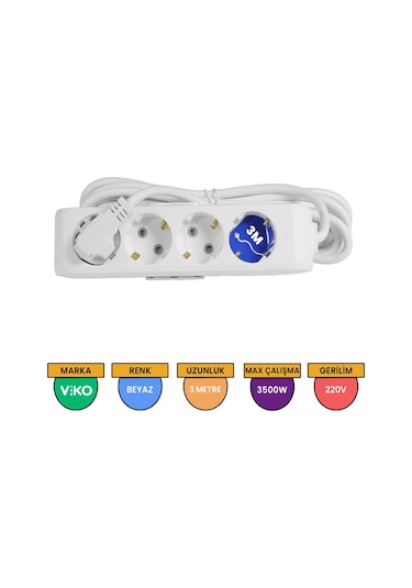 Viko Multi-let 4'lü Grup Priz Topraklı Çocuk Korumalı 3 Metre Beyaz - 90113403