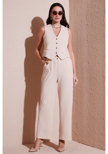 Lela Regular Fit Yüksek Bel Bol Paça V Yaka Yelekli Bayan Takım 5866199 Taş