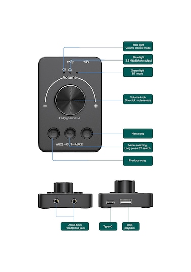Springsun Usb Ses Kontrol Cihazı: Bt 5.1 Verici, Usb Çalar, Dış Ses Kartı, 3.5mm Çift Kulaklık, Type-c, Siyah