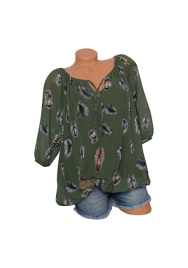 Yeşil Dökümlü Moda Günlük V Yaka Üst Baskılı Yarım Kollu Gömlek Kazak Tişört Yeşil