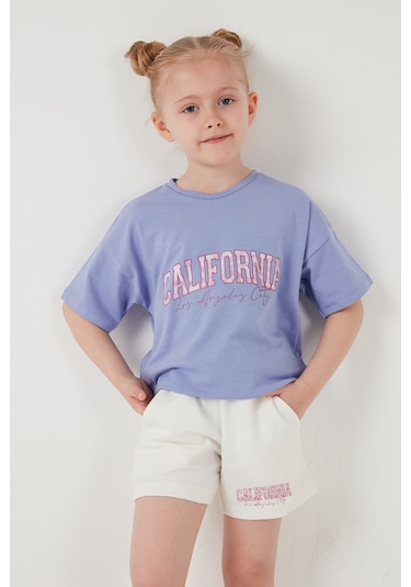 Lela Pamuklu Baskılı Bisiklet Yaka Şortlu Alt-Üst Kız Çocuk Takım 6212004 Lila