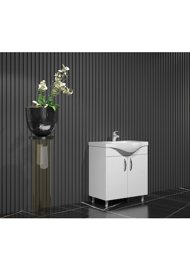 Yıldız Banyo Dolabı 80 Cm Ayaklı Beyaz Mdf Alt Modül Ve Lavabo Beyaz