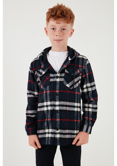 Lela Kapüşonlu Çift Cepli Ekoseli Oduncu Erkek Çocuk Gömlek Cf25W81786 Lacivert